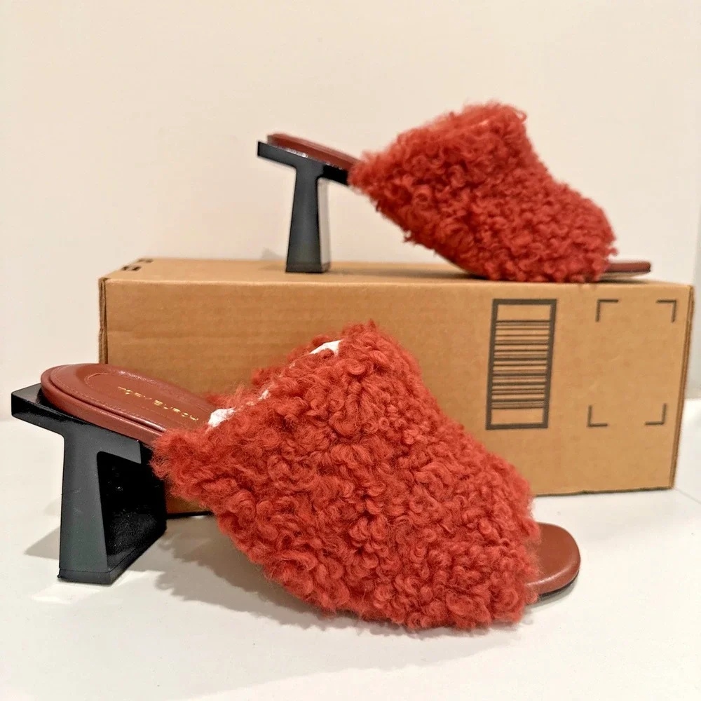 Tory Birch Size 10M Block T Heel Mule Kaku Shearling Sandal 80mm Smoked Paprika